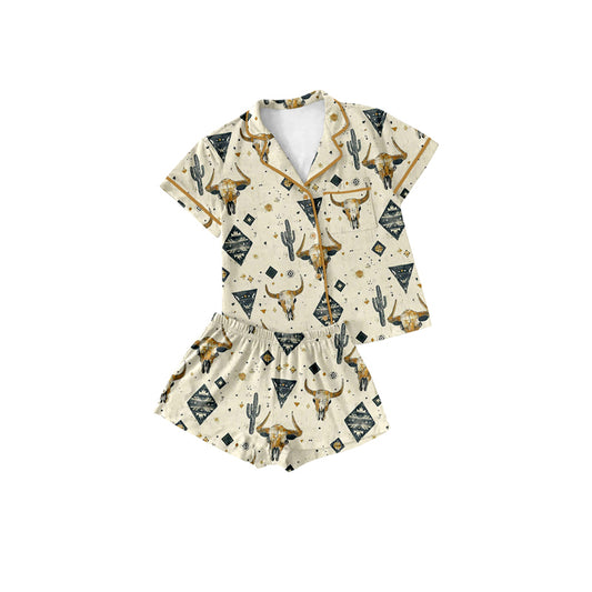 Preorder (moq 5)Baby Girls Western Wild Cow Cactus Buttons Shirt Shorts Pajamas Clothes Sets