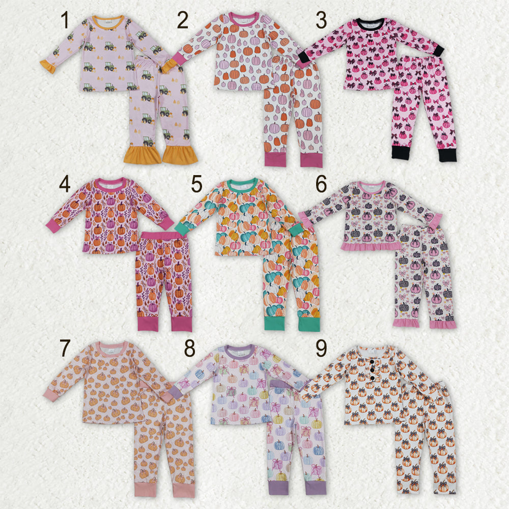 Sibling Baby Girls Long Sleeves Flowers Pumpkins Top Pant Fall Pajamas Sets