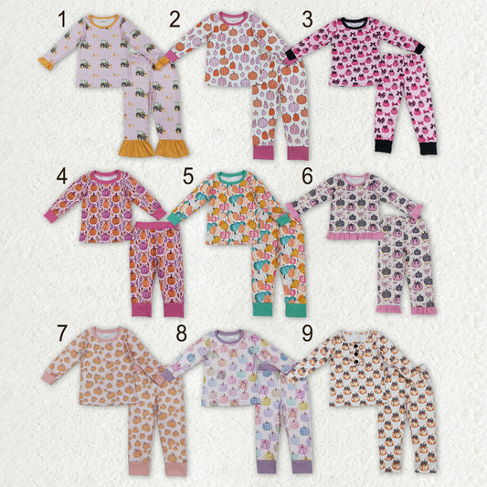 Sibling Baby Girls Long Sleeves Flowers Pumpkins Top Pant Fall Pajamas Sets