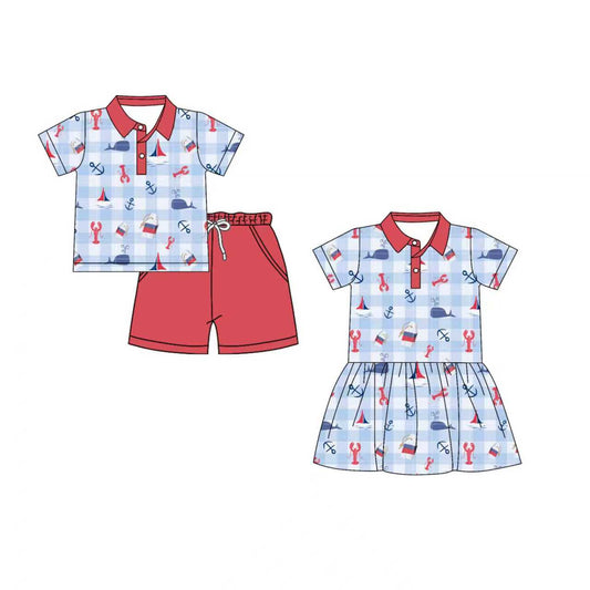 Preorder moq 5 (each item)Baby Boys Girls Blue Checked Crayfishes Button Top Pockets Shorts Clothes Set Knee Length Dress