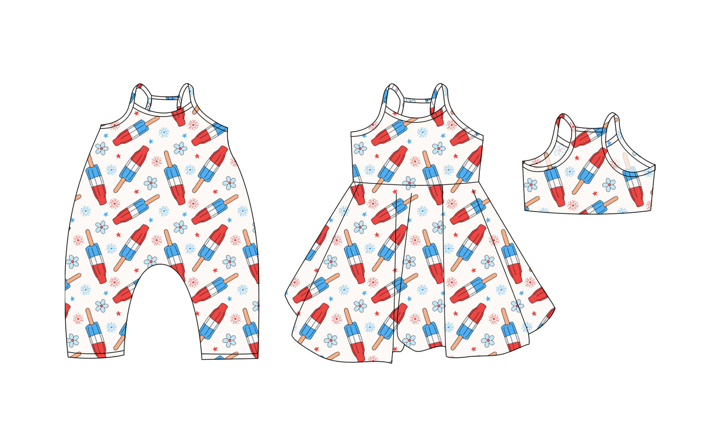 Preorder moq 5 Custom Baby Girls Strap Flowers Popsicle 4th Of July Knee Length Dresses Romper
