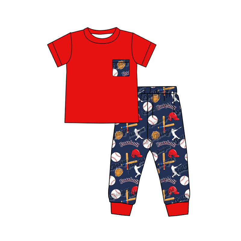 Baby Boys Red Short Sleeve Tee Shirt Top Baseball Pants Pajamas Clothes Sets Preorder(moq 5)