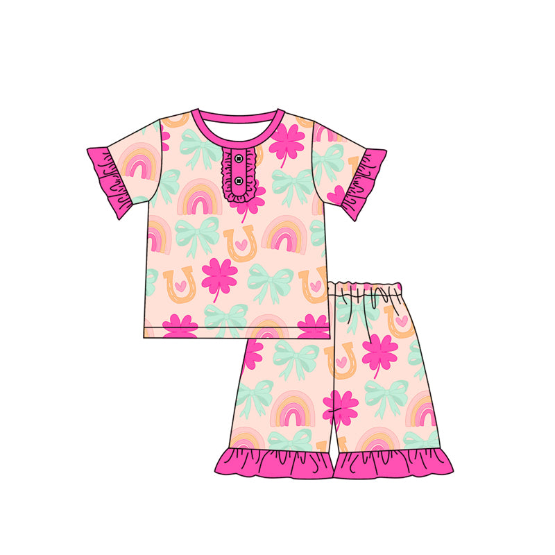 Preorder (moq 5)Baby Girls Colorful Rainbow Bows Top Shorts Pajamas