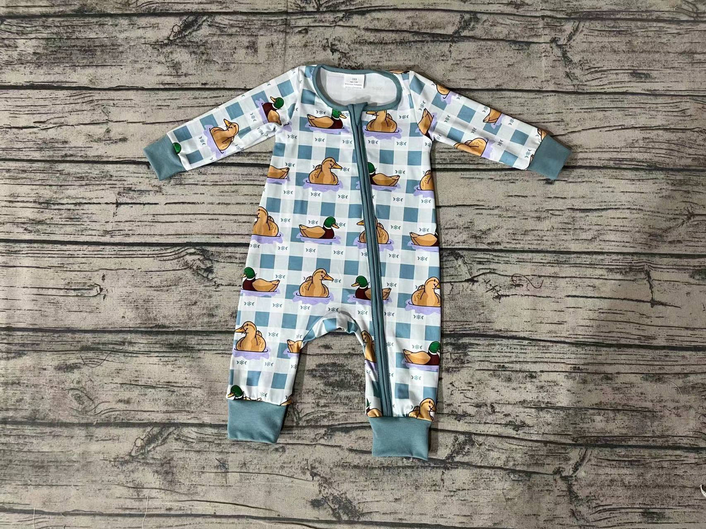 Baby Boys Duck Blue Checkered Zip Long Sleeve Rompers