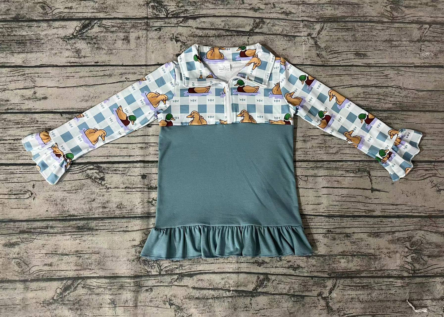 Baby Girls Fall Duck Blue Checkered Ruffle Pullovers Tops