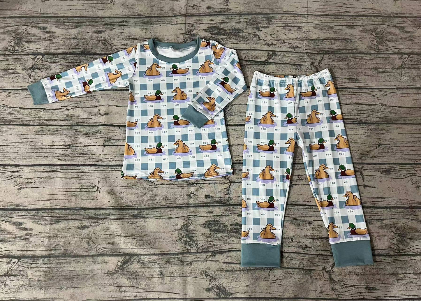 Baby Boys Fall Duck Blue Checkered Top Pants Jammies 2pcs Pajamas Sets