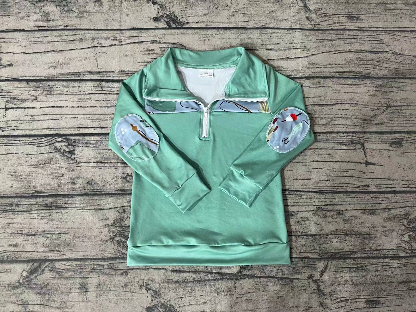 Baby Boys Green Fishing Patchwork Long Sleeve Zip Pullover Tops