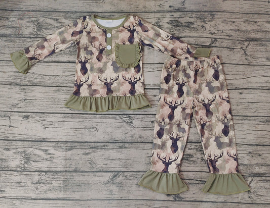 Baby Girls Camo Deer Pocket Top Pants Pajamas Clothes Sets