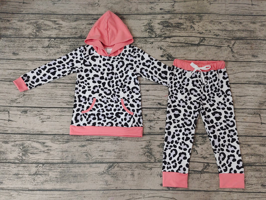 Baby Girls Pink Hooded Long Sleeve Tops Leopard Pants Clothes Sets