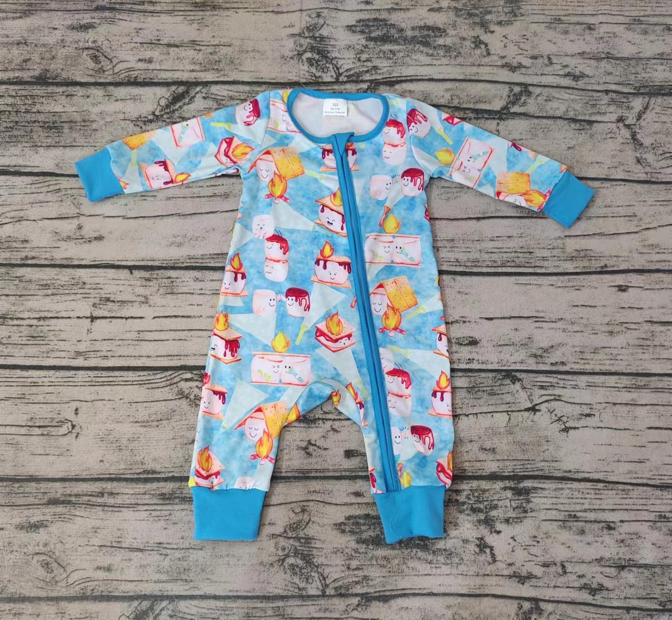 Baby Boys Blue Color Smore Cookie Fire Zip Rompers