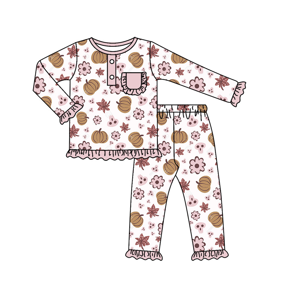 Baby Girls Fall Flowers Pumpkin Shirt Pants Bamboo Pajamas Clothes Sets Preorder(moq 5)