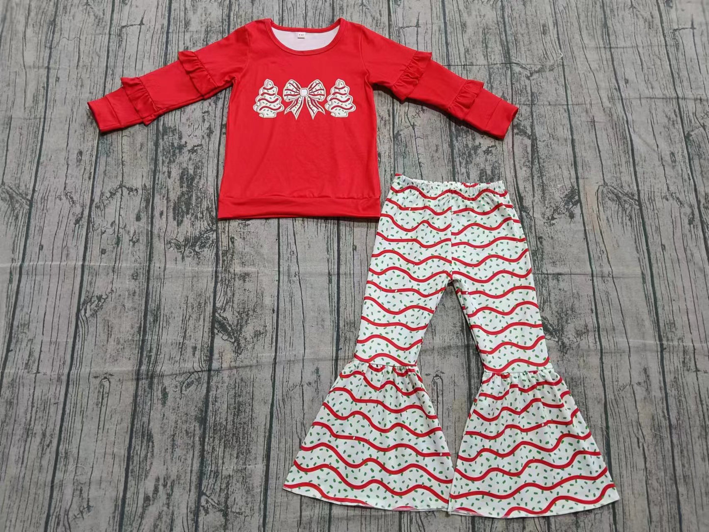 Preorder (moq 5)Baby Girls Red Stripe Bows Trees Top Bell Bottom Pants Christmas Clothes Set