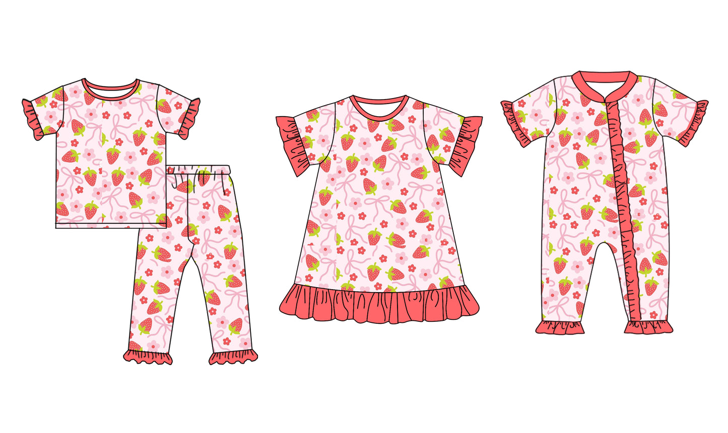 Preorder(moq 5 each) Baby Girls Pink Bows Strawberry Romper Dress Pants Sets