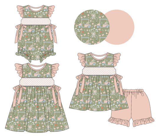 Preorder moq 5 Custom Baby Girls Green Golf Flags Bows Tunic Ruffle Short Set Knee Length Dress And Rompers