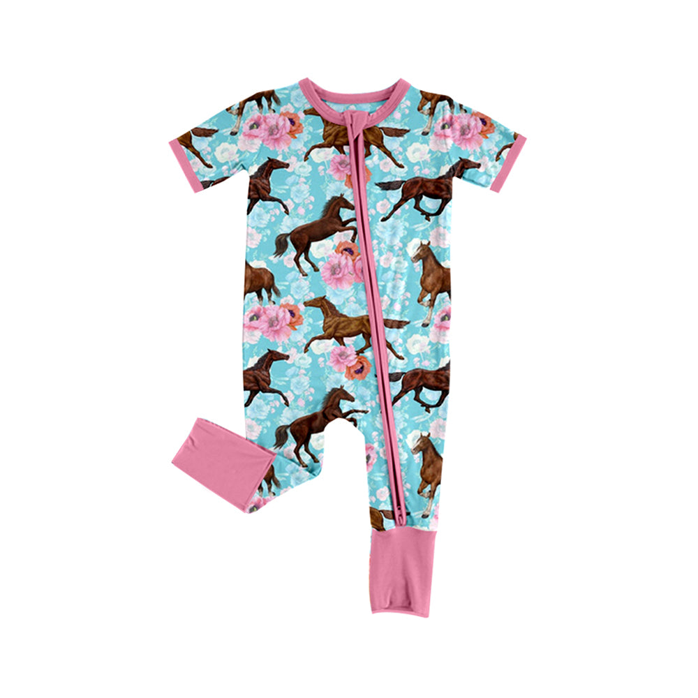 Infant Baby Kids Girls Horse Flowers Zip Rompers preorder(moq 5)