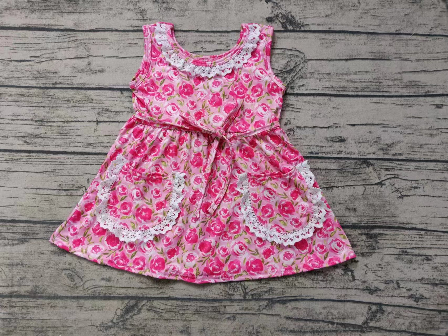 Baby Girls Pink Rose Pockets Flowers Sleeveless Dresses preorder (moq 5)