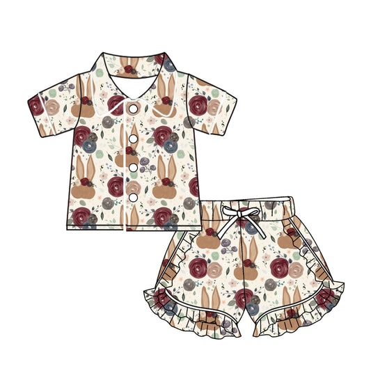 Baby Girls Easter Flowers Rabbits Buttons Top Ruffle Shorts Pajamas Sets preorder(MOQ 5)