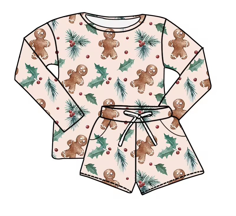 Baby Girls Christmas Gingerbread Shirt Top Shorts Clothes Sets Preorder(moq 5)
