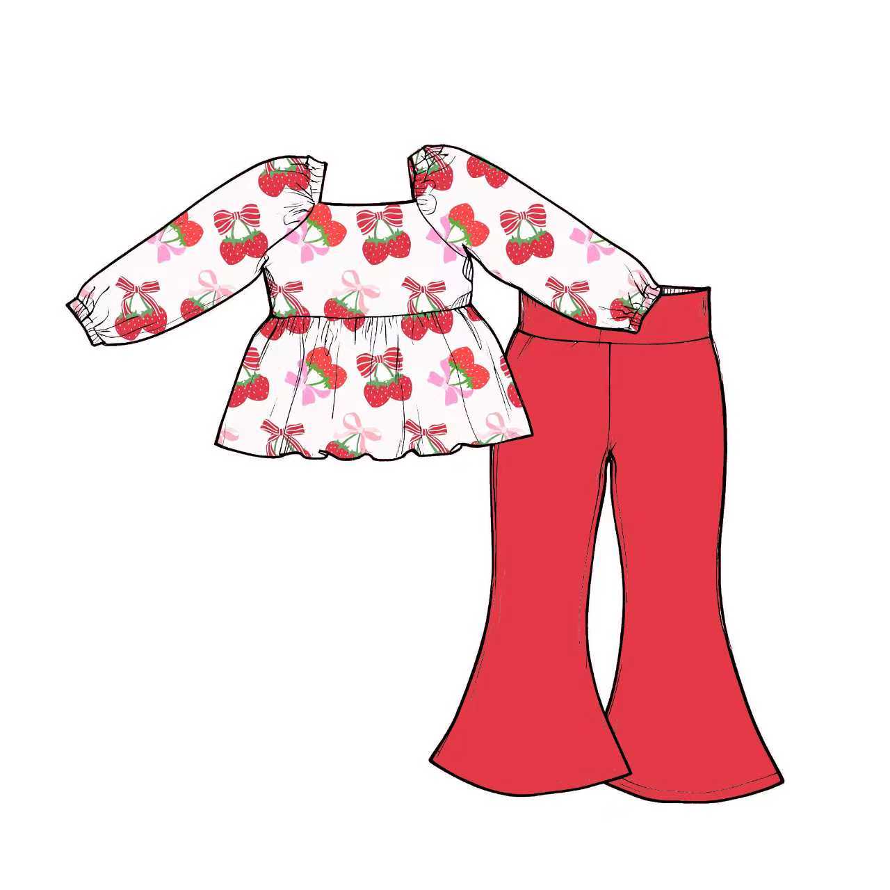 Preorder (moq 5)Baby Girls Bows Strawberry Tunic Bell Bottom Pants Clothes Sets
