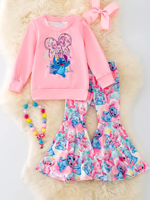 Preorder (moq 5)Baby Girls Pink Cartoon Castle Shirt Top Bell Pants Clothes Sets
