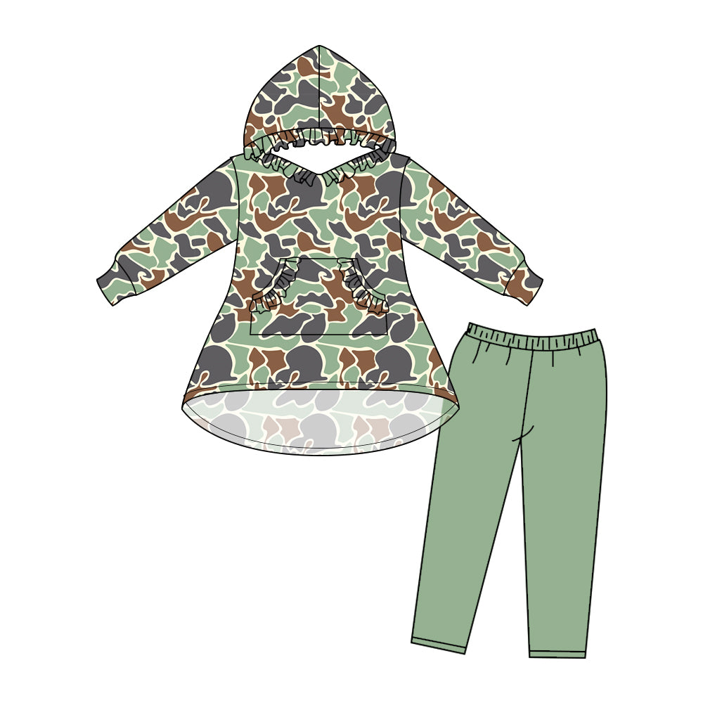 Baby Girls Green Camo Hooded Pockets Top Legging Pants Clothes Sets Preorder(moq 5)