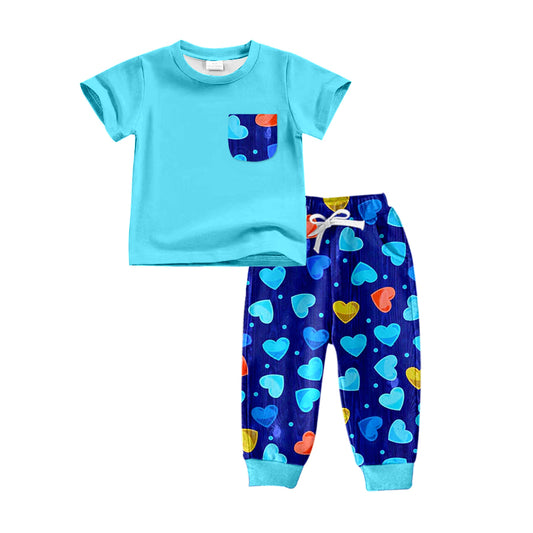 Baby Boys Valentines Blue Hearts Top Pants Clothes Sets preorder(moq 5)