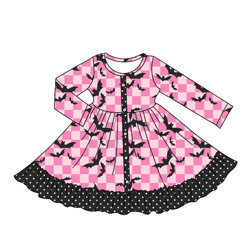 Preorder moq 5 Baby Girls Pink Plaid Long Sleeves Black Bats Button Ruffle Knee Length Dresses
