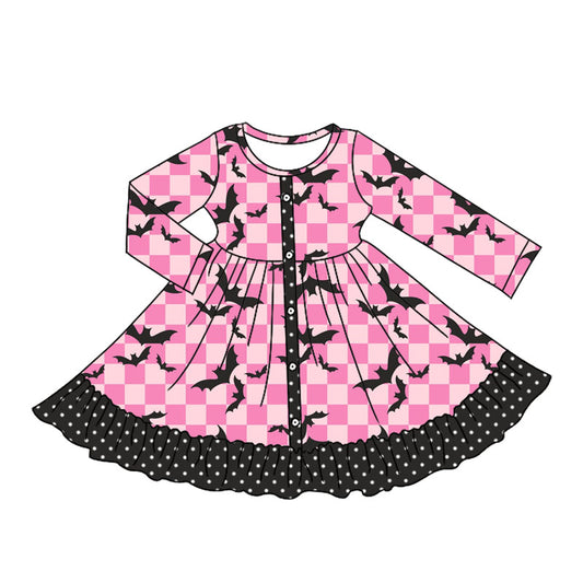 Preorder moq 5 Baby Girls Pink Plaid Long Sleeves Black Bats Button Ruffle Knee Length Dresses