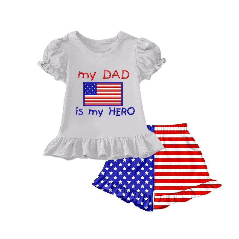 Baby Girls My Dad Is My Hero Top Shorts Clothes Sets Preorder(moq 5)