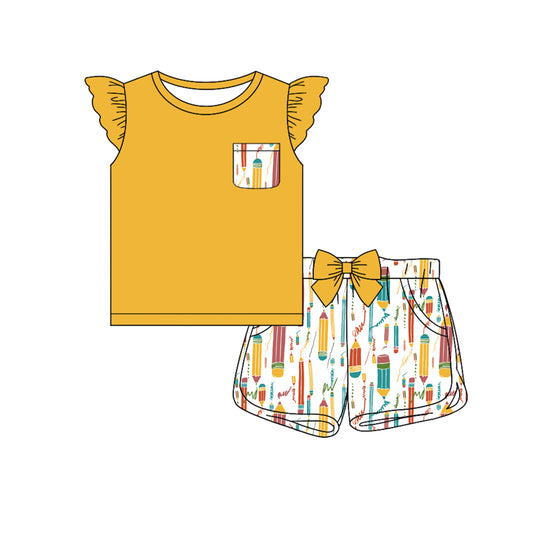 Preorder (moq 5)Baby Girls Pocket Tee Top Back To School Pencils Shorts Clothes Sets