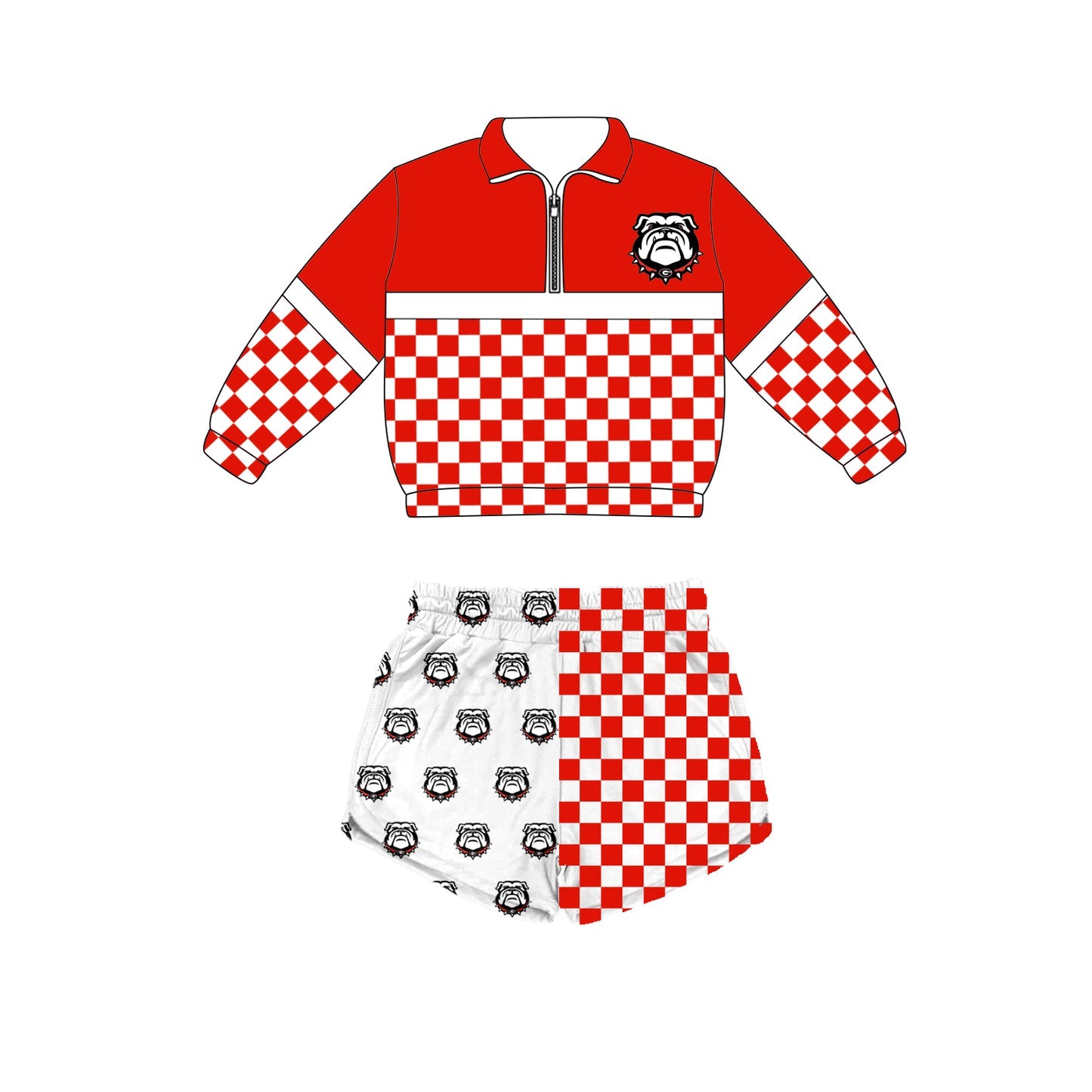 Preorder (moq 5)Baby Boys Red Checked Zip Bulldogs Pullovers Top Short Team Clothes Set