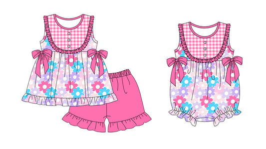 Preorder(moq 5 each)Sibling Baby Girls Pink Checkered Flowers Tunic Top Shorts Bows Rompers Clothes Sets