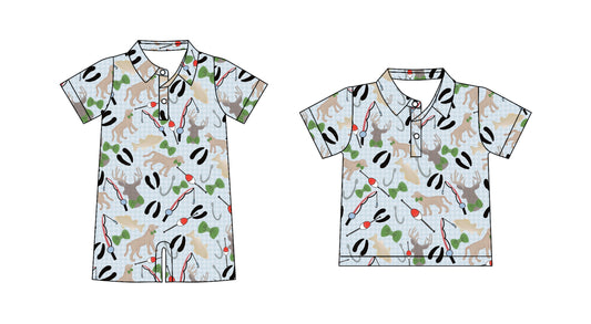 Preorder moq 5 Custom Baby Boys Blue Plaid Short Sleeves Dogs Fishing Button Hunting Polo Shirts Top Rompers