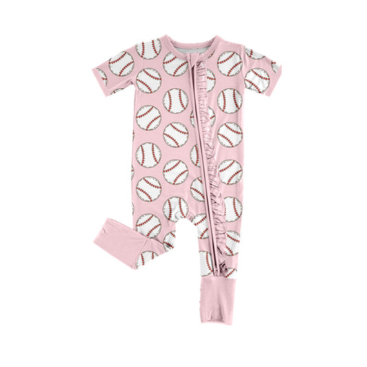 Preorder(moq 5)Baby Infant Girls Pink Baseball Zip Sleepers Rompers