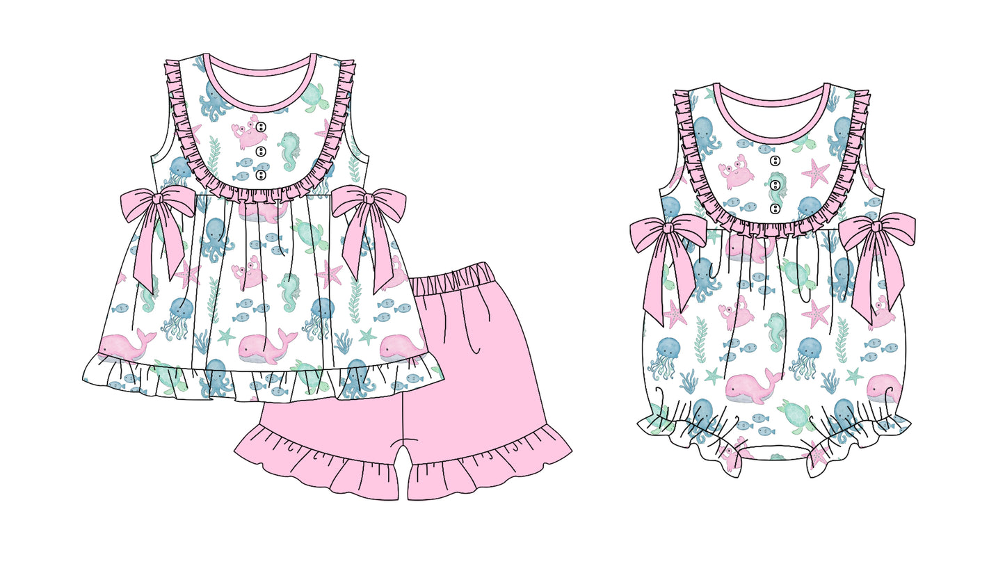 Preorder moq 5 Custom Baby Girls Sea World Button Tunic Pink Ruffle Short Set Rompers