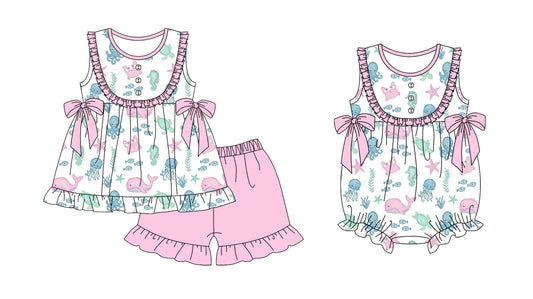 Preorder moq 5 Custom Baby Girls Sea World Button Tunic Pink Ruffle Short Set Rompers