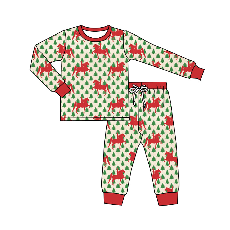 Baby Boys Christmas Tree Rodeo Long Sleeve Top Pants Pajamas Clothes Sets Preorder(moq 5)