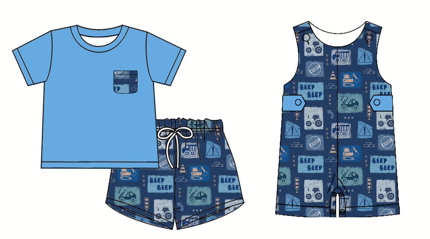 Preorder moq 5 Custom Baby Boys Blue Short Sleeves Pocket Top BEEP Trucks Short Set Romper