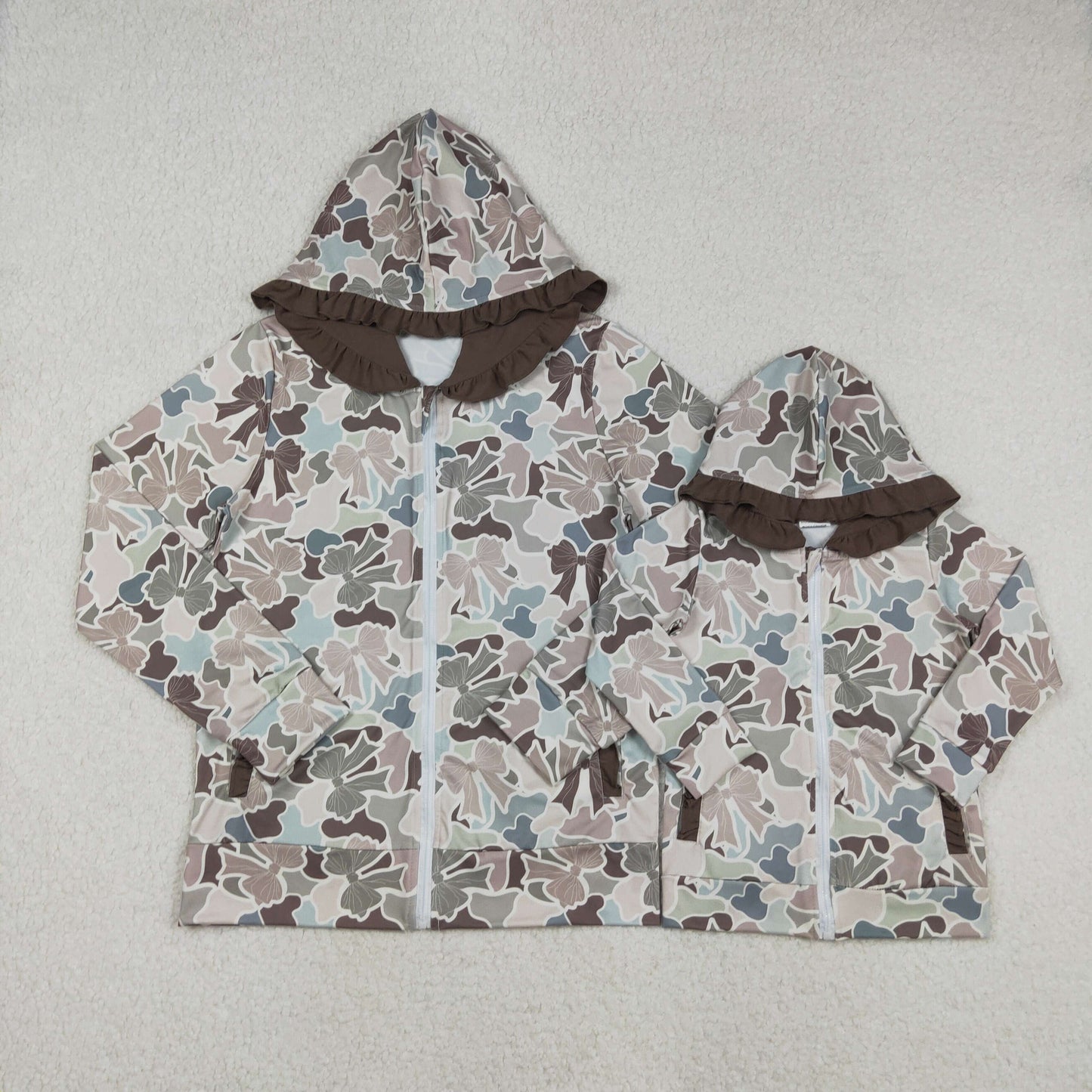Mama and Me Southern Grey Bows Camo Pockets Zipper Ruffle Hoodie Jackets Top