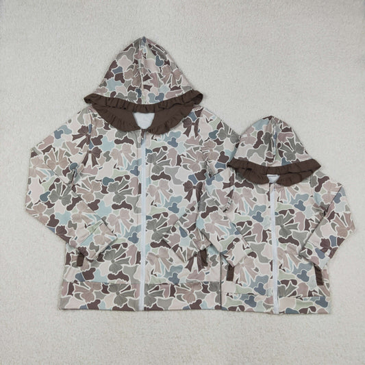 Mama and Me Southern Grey Bows Camo Pockets Zipper Ruffle Hoodie Jackets Top