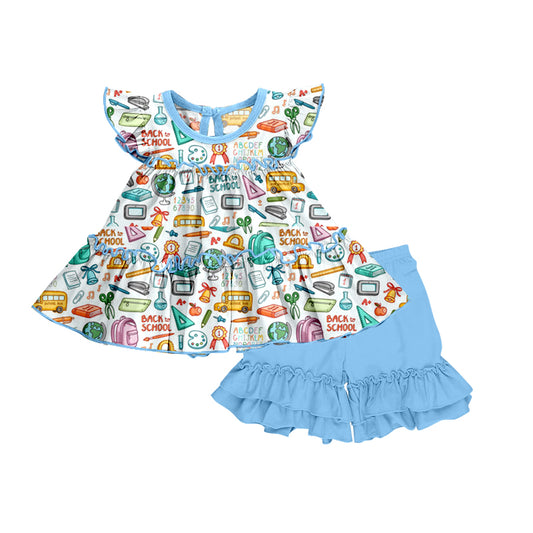 Baby Girls Back To School Buses Flutter Sleeve Tunic Top Ruffle Shorts Clothes Sets preorder(moq 5)