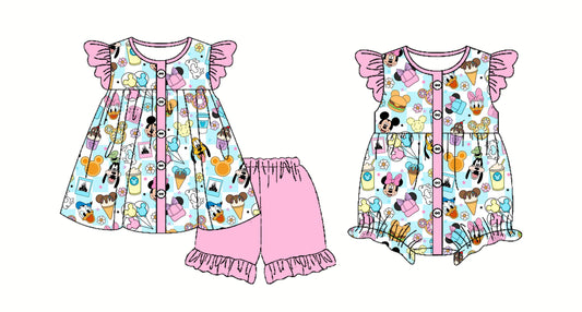 Preorder moq 5 Custom Baby Girls Pink Cartoon Mouses Button Tunic Ruffle Short Set Rompers
