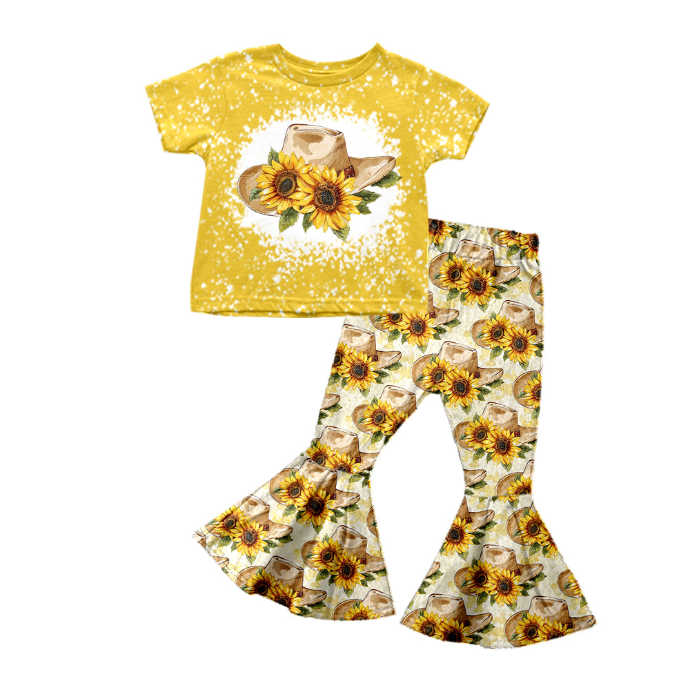 Baby Girls Hats Sunflowers Western Top Bell Pants Clothes Sets Preorder(moq 5)