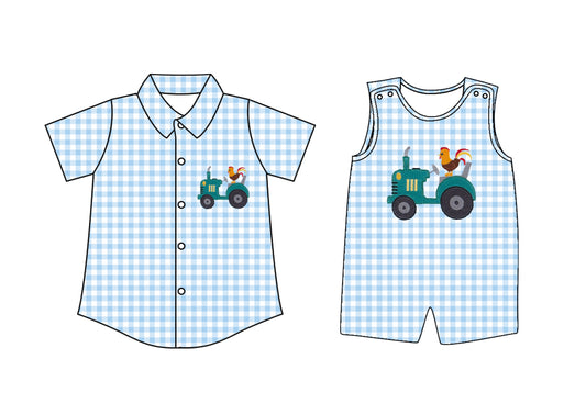 Preorder moq 5 Custom Baby Boys Blue Plaid Button Chicks Truck Farm Shirts Top Rompers