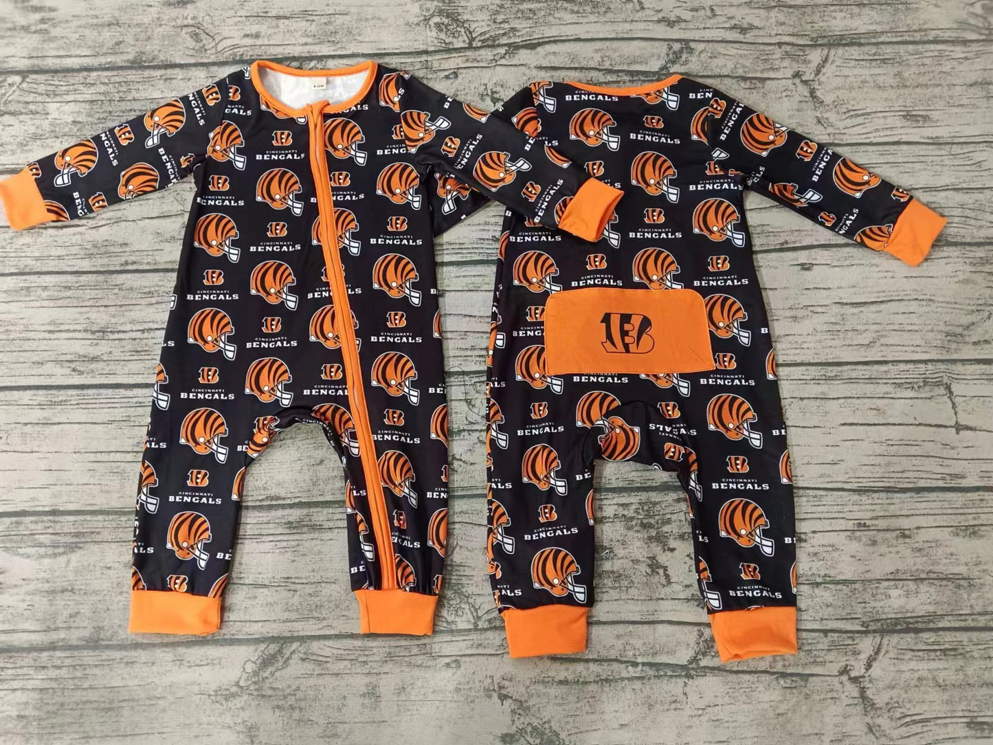 Baby Girls Orange Color Team Long Sleeve Zip Rompers preorder(moq 5)