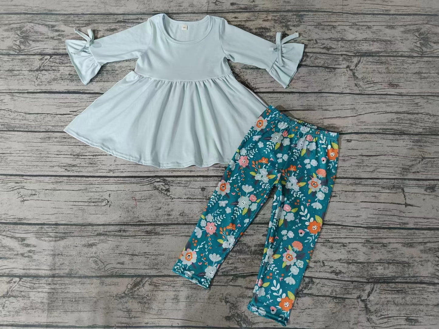 Baby Girls Light Green Tunic Top Flowers Legging Clothes Sets Preorder(moq 5)