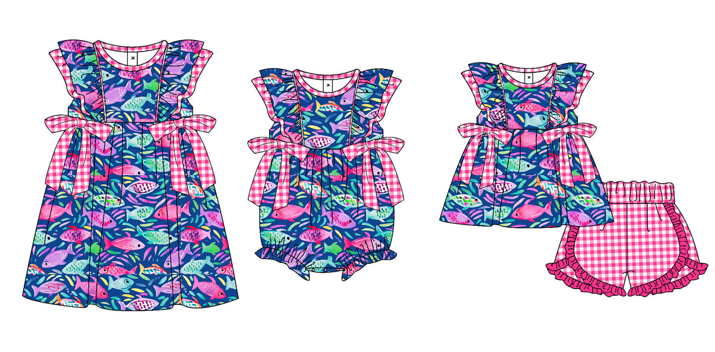 Preorder(moq 5 each) Baby Girls Purple Fishes Bows Romper Dress Shorts Sets