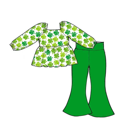 Preorder (moq 5)Baby Girls Green Clovers Tunic Bell Bottom Pants St Patrick Clothes Sets