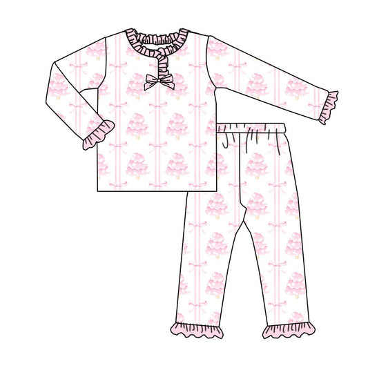 Preorder (moq 20)Baby Girls Bamboo Bows Tree Stripe Christmas Ruffle Pajamas Sets
