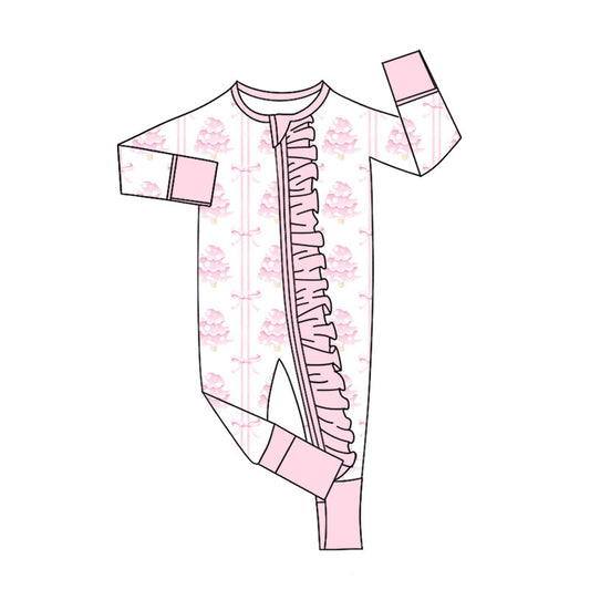 Preorder (moq 20)Baby Girls Bamboo Pink Bows Trees Stripe Christmas Ruffle Zippy Footie Rompers